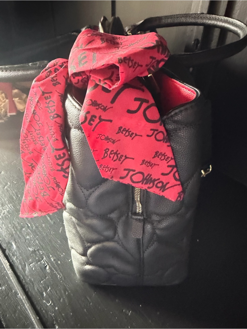 Betsey Johnson Black Quilted Bucket Bag with Red Logo Scarf